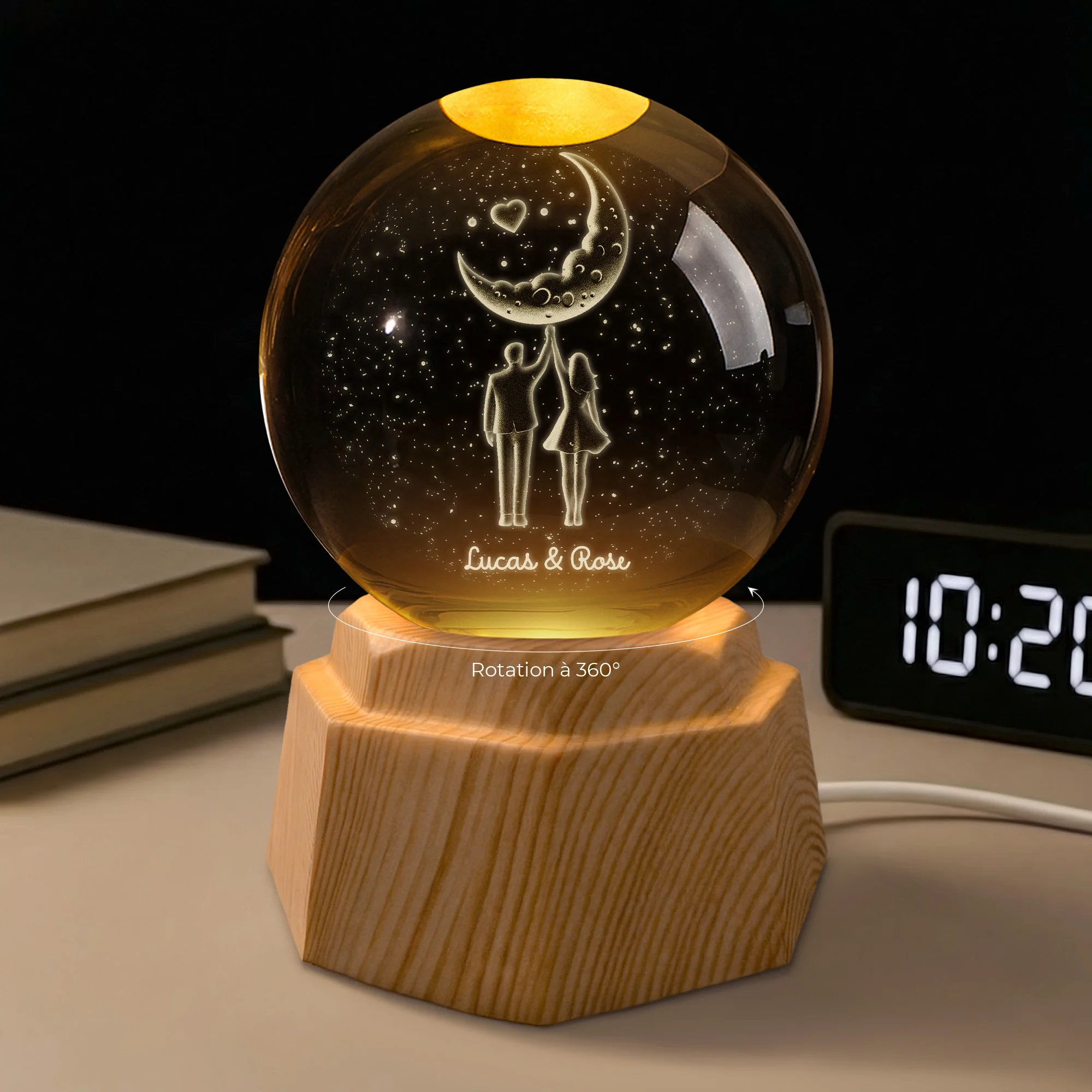 Veilleuse Boule De Cristal 3D Personnalisée Couple - Je T’aime Jusqu’à La Lune