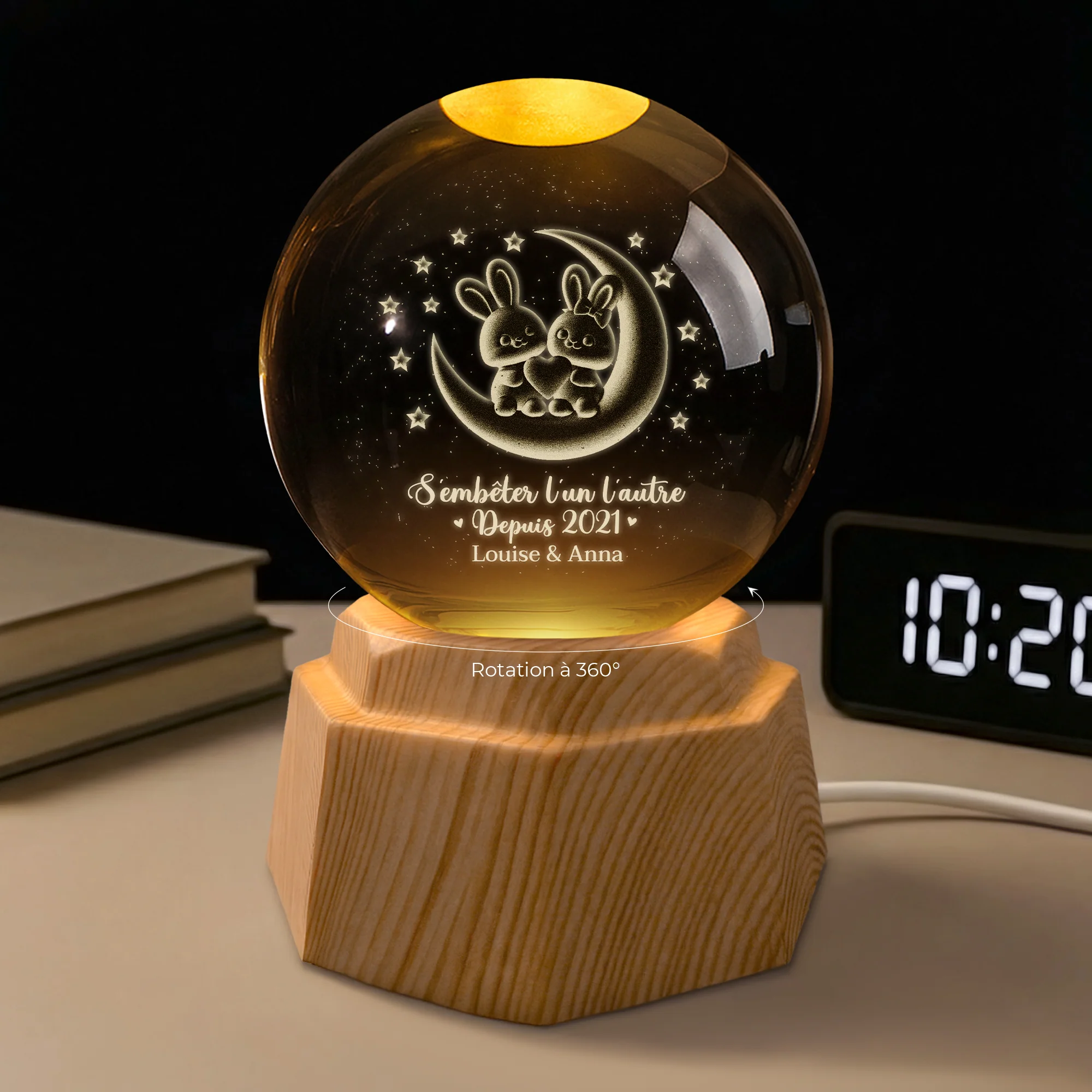 Veilleuse Boule De Cristal 3D Personnalisée Couple - Je T'aime Jusqu'à La Lune