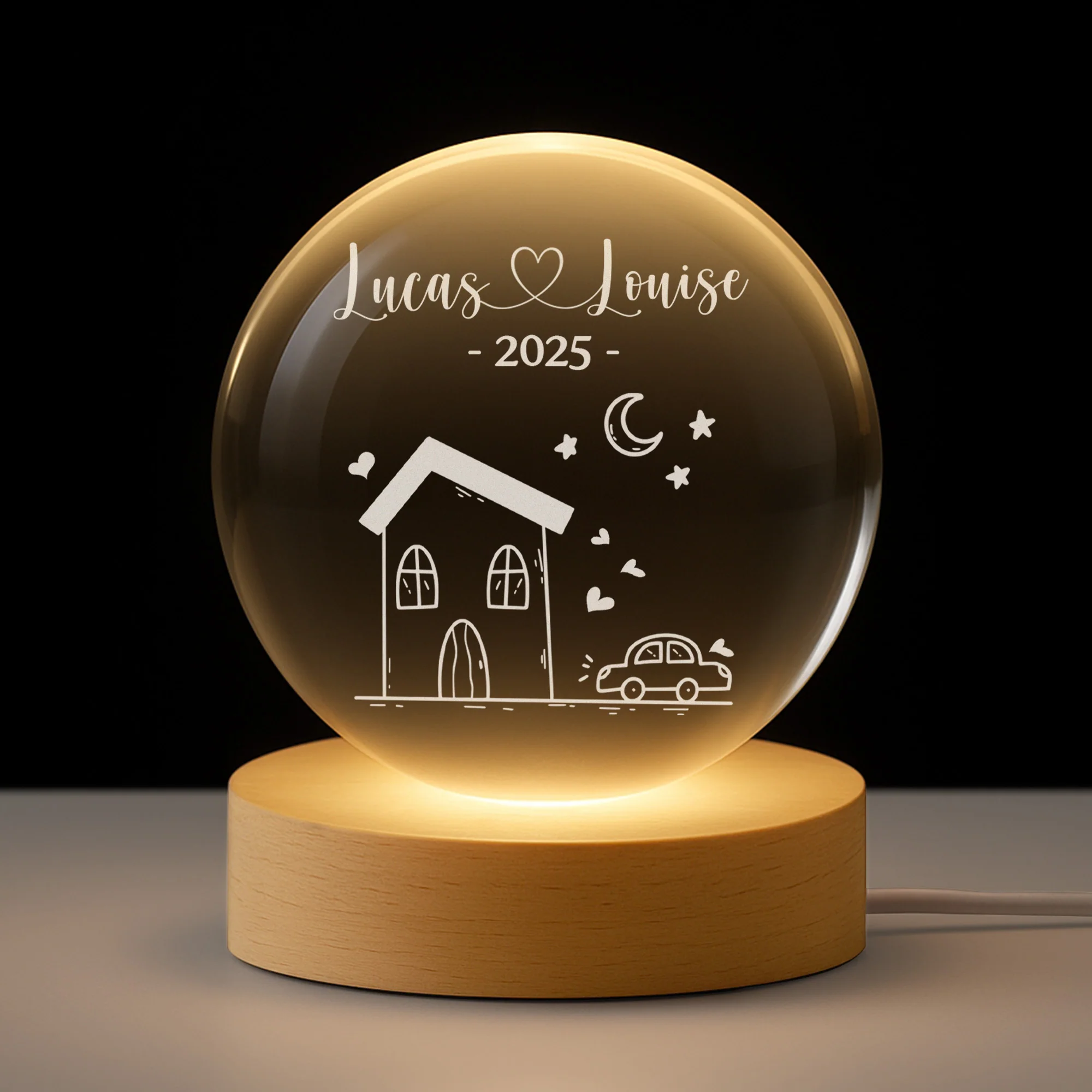 Veilleuse Boule De Cristal 3D Personnalisée Couple - Notre Maison