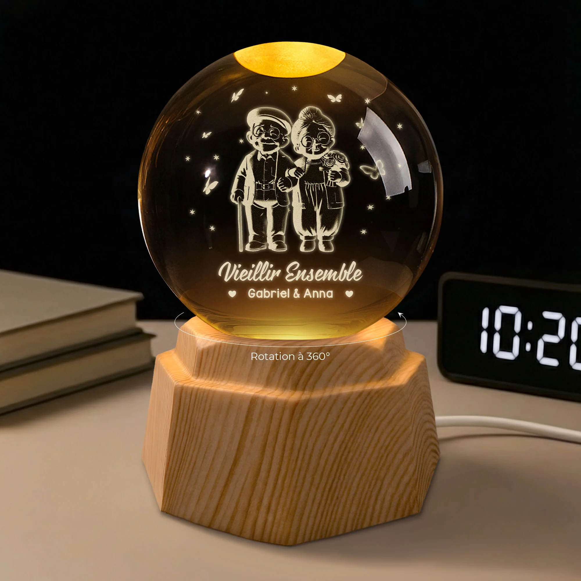 Veilleuse Boule De Cristal 3D Personnalisée Couple Senior - Je T’aime Jusqu’à La Lune