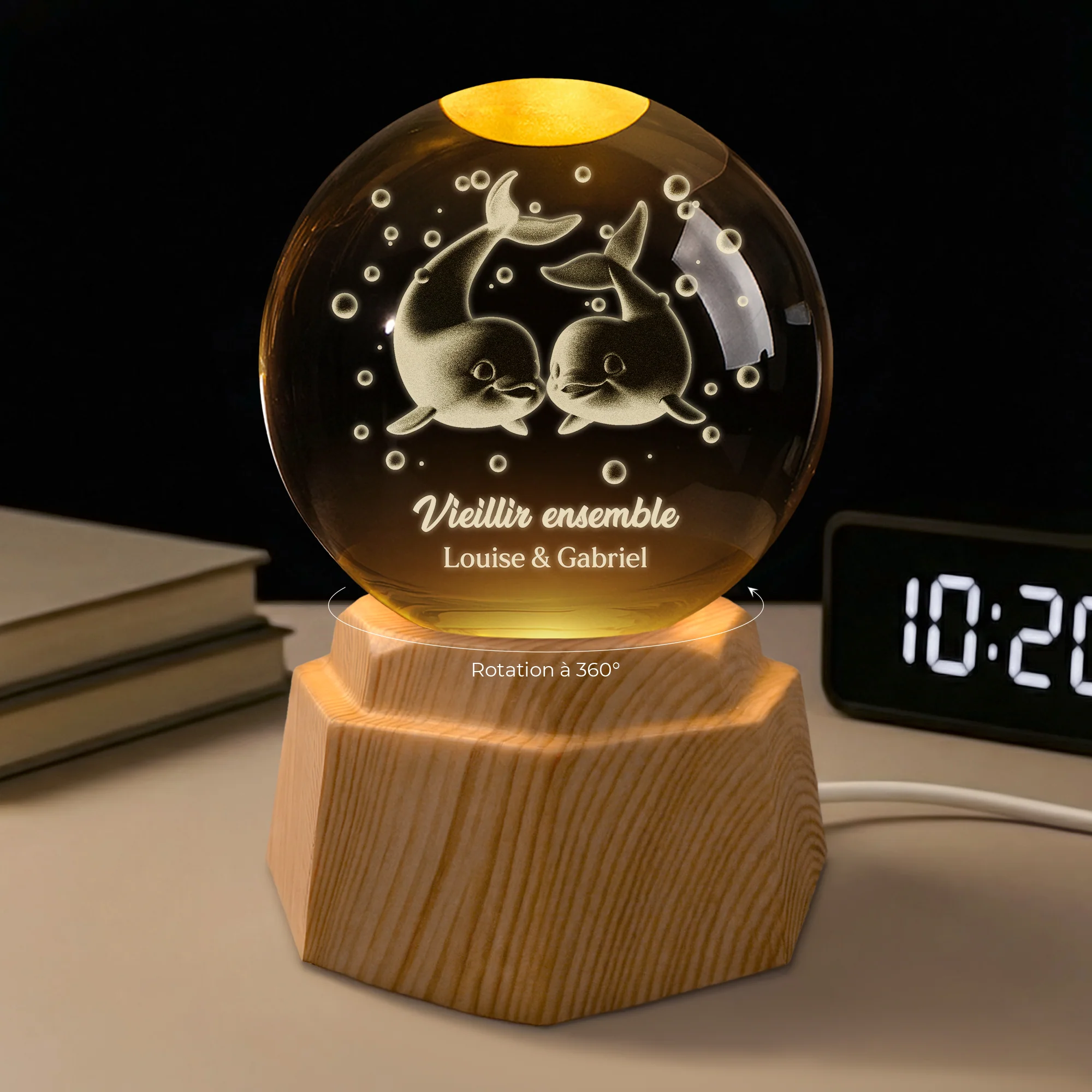 Veilleuse Boule De Cristal 3D Personnalisée - Ensemble Pour Toujours Couple De Dauphin - Image 2