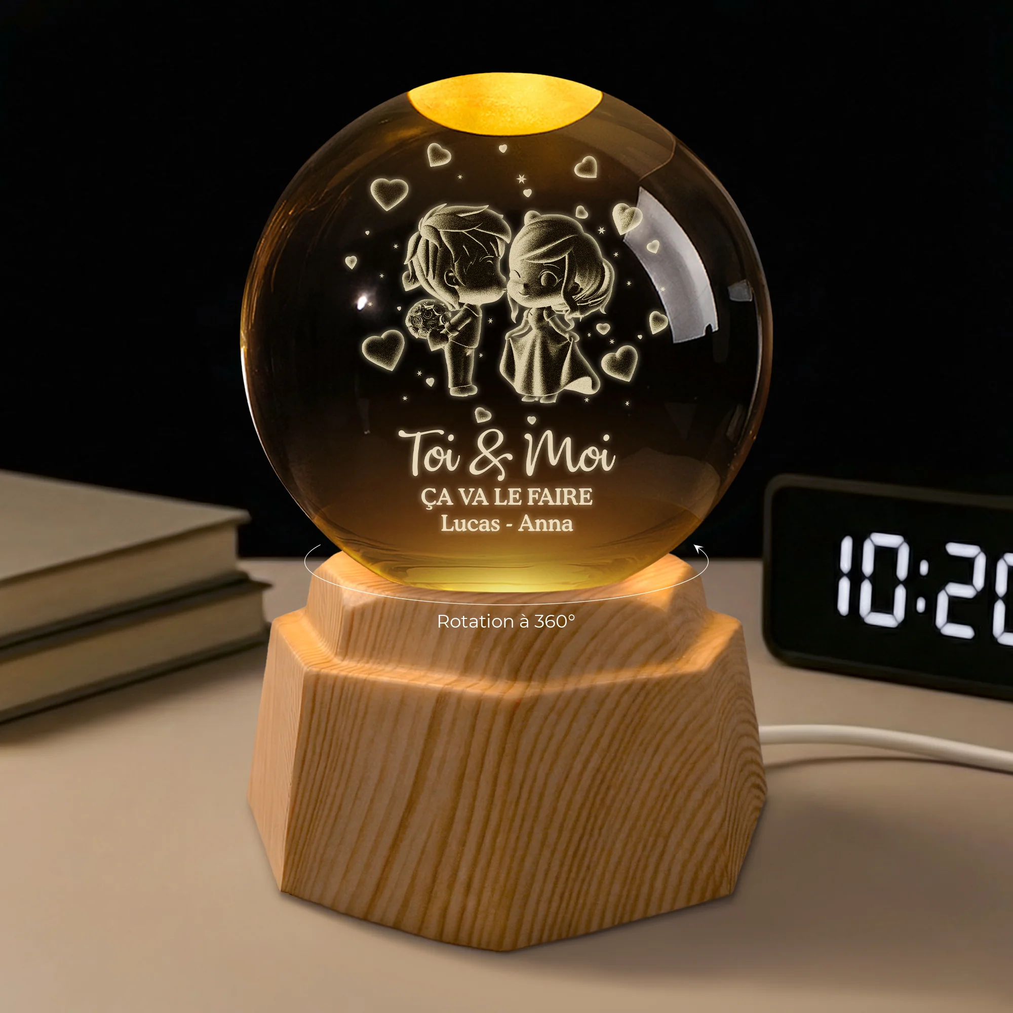Veilleuse Boule De Cristal 3D Personnalisée Pour Anniversaire De Couple - Toi Et Moi