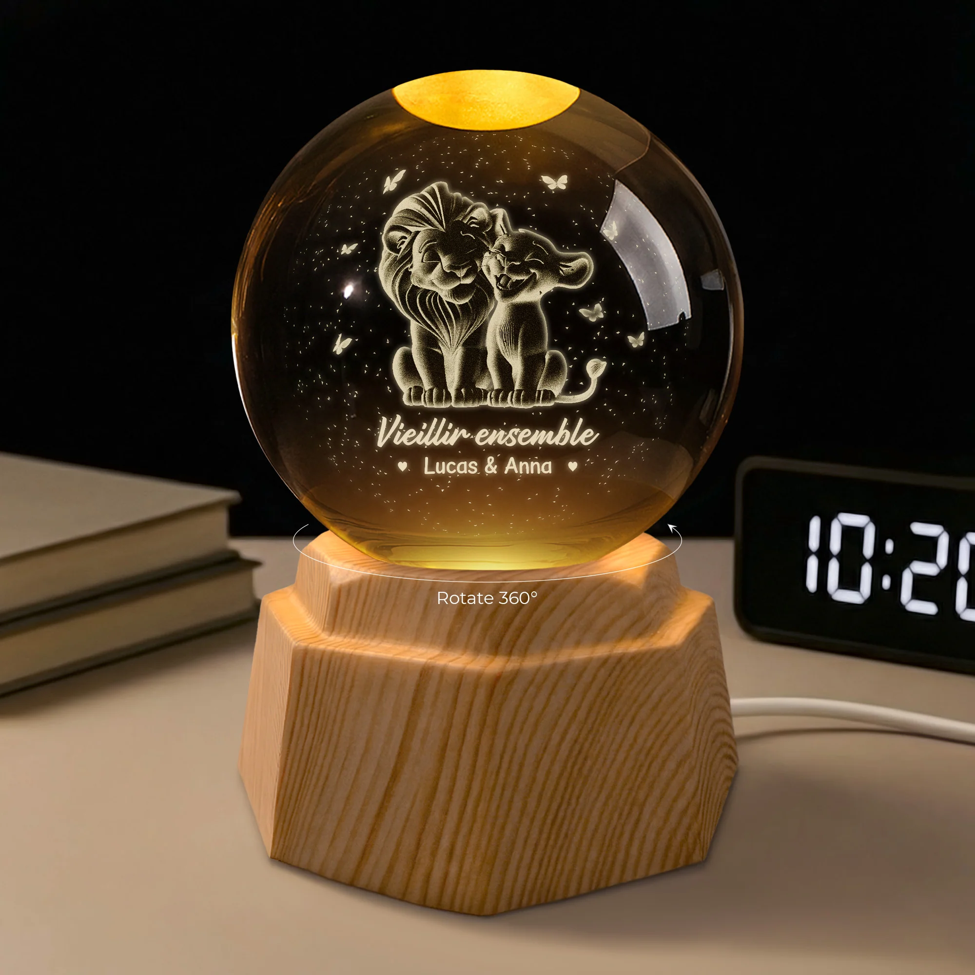 Veilleuse Boule De Cristal 3D Personnalisée - Vieillir Ensemble Couple Lion
