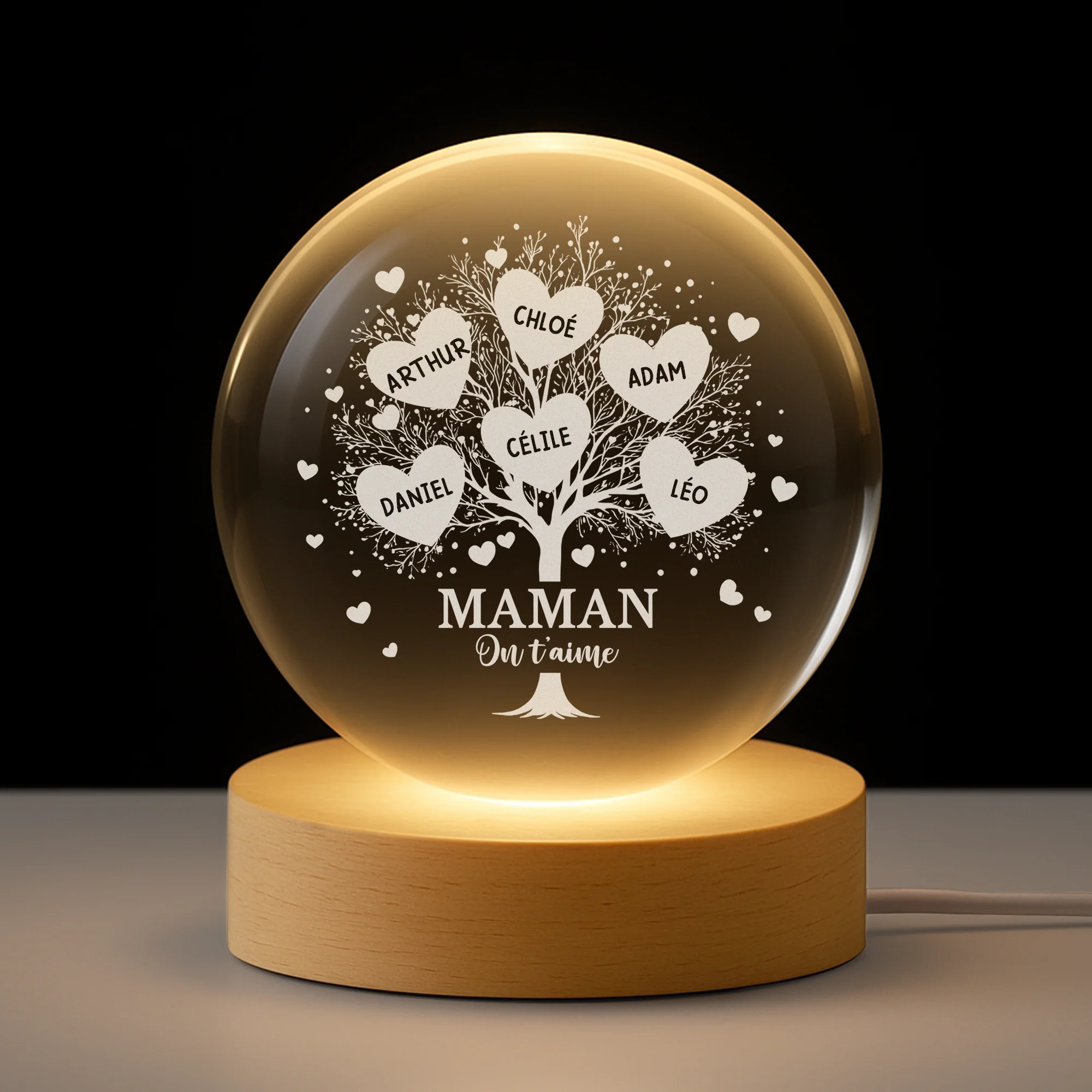 Veilleuse Boule De Cristal Personnalisée - Arbre D'Amour Maman Papa