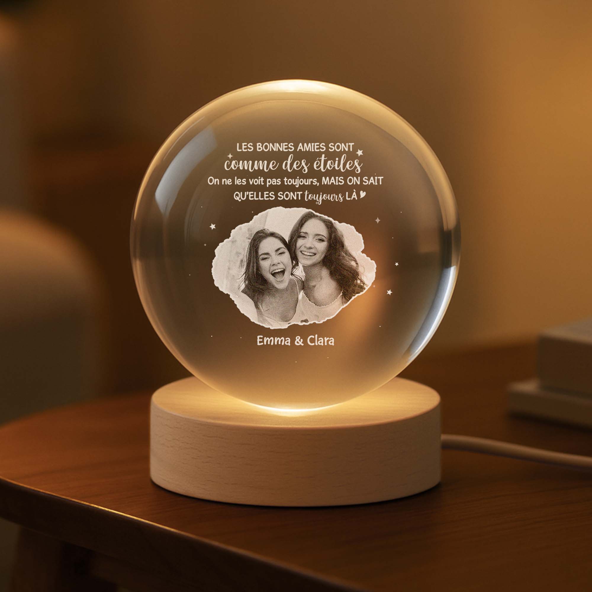Veilleuse Boule De Cristal Personnalisée Avec Photo - Amies Commes Les Étoiles - Image 2