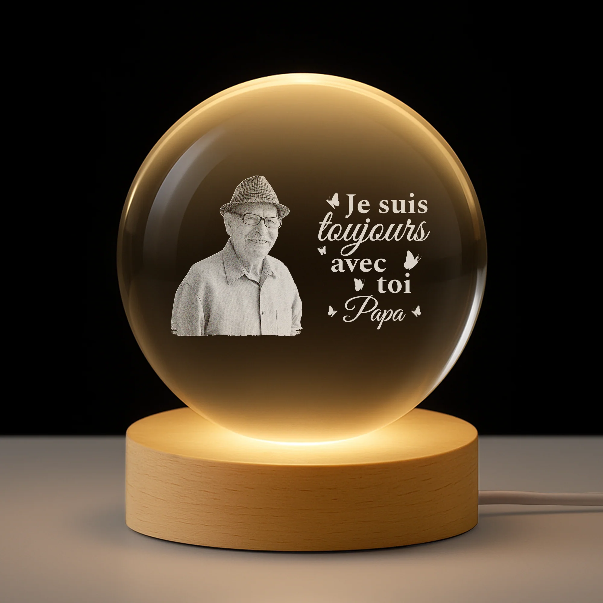 Veilleuse Boule De Cristal Personnalisée Avec Photo Commémorative - Maman Papa Toujours Avec Toi