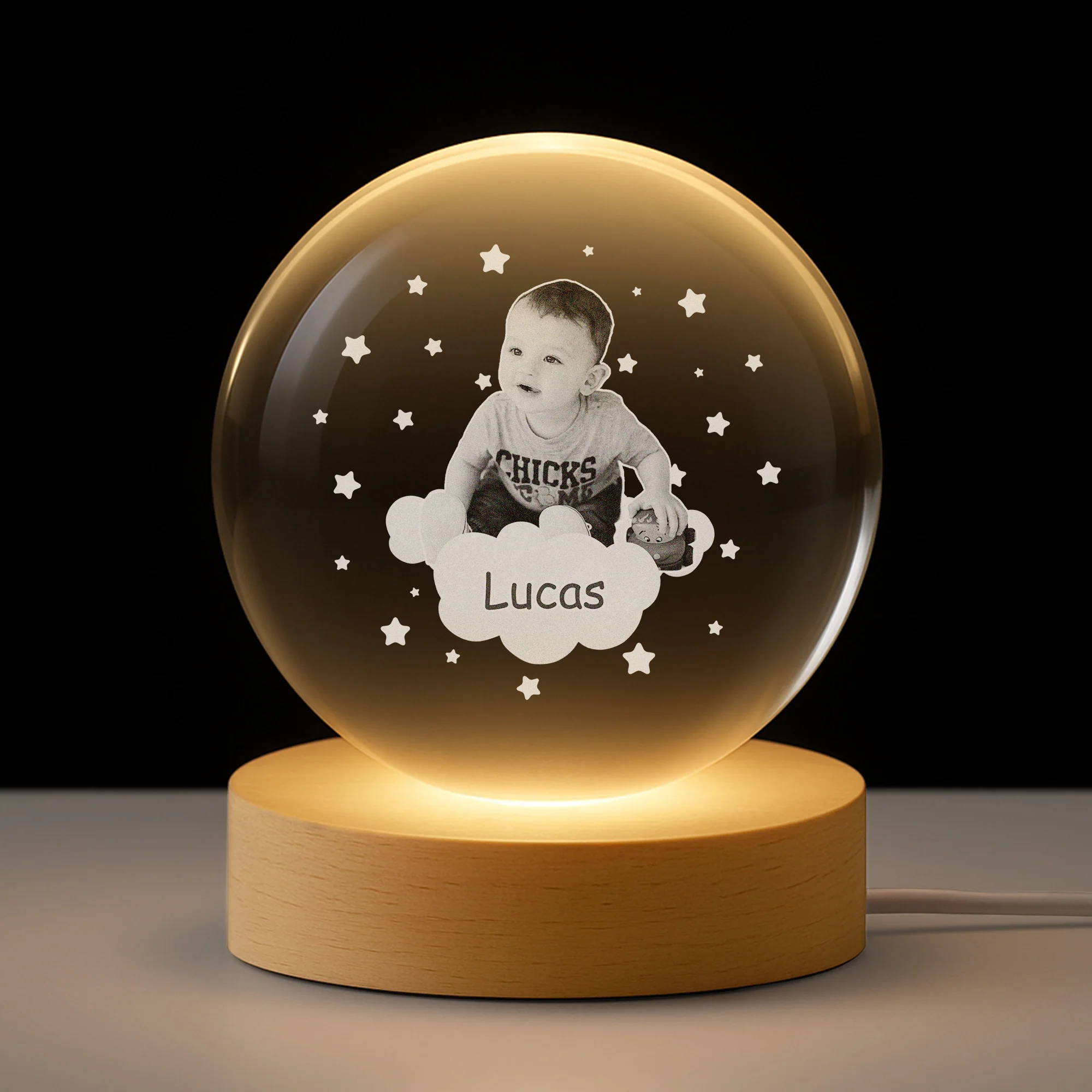 Veilleuse Boule De Cristal Personnalisée Avec Photo Enfant - Mon Bébé Et Les Étoiles