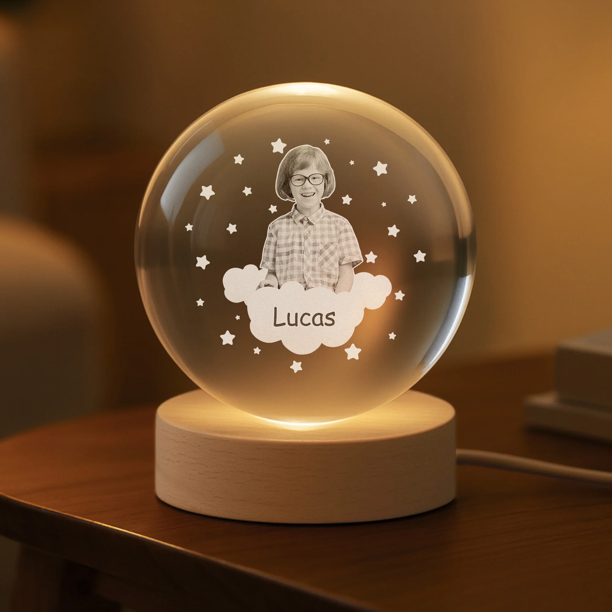 Veilleuse Boule De Cristal Personnalisée Avec Photo Enfant - Mon Bébé Et Les Étoiles - Image 2