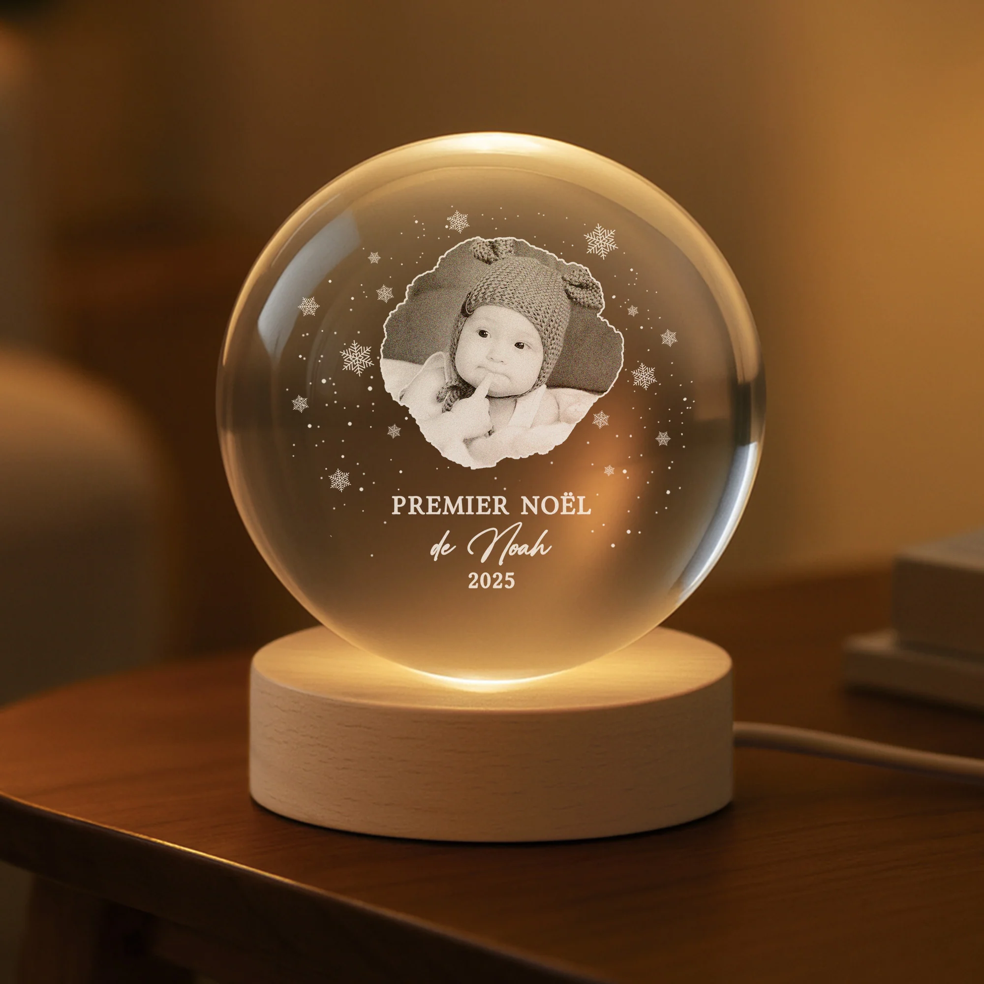 Veilleuse Boule De Cristal Personnalisée Avec Photo - Premier Noël De Bébé - Image 2