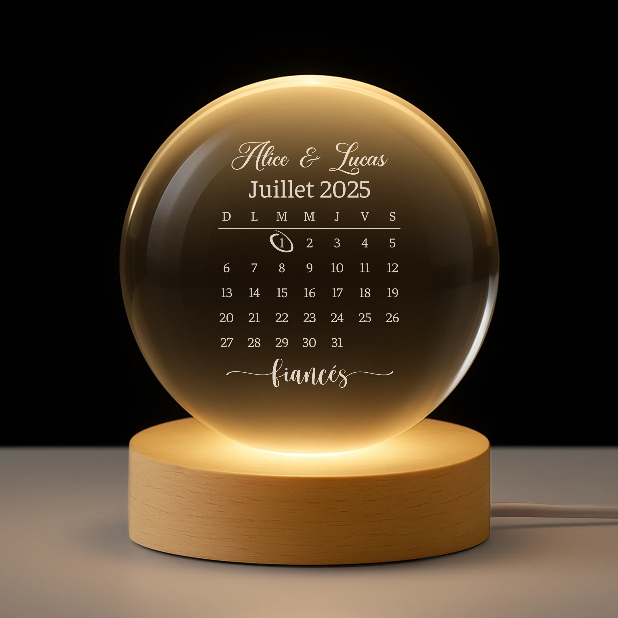 Veilleuse Boule De Cristal Personnalisée Couple Avec Calendrier - Les Fiancés