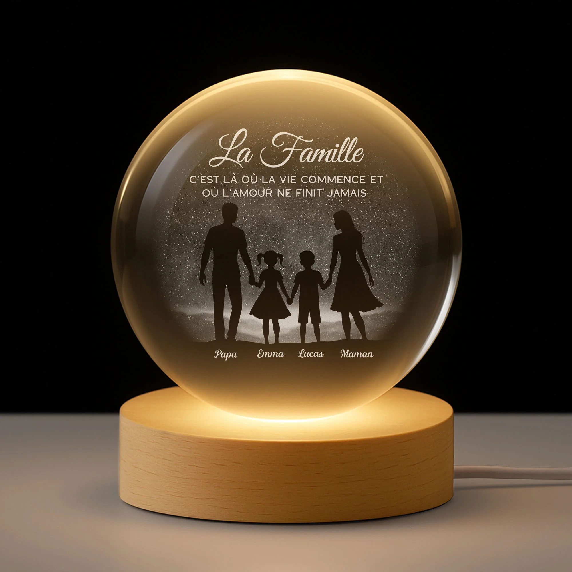 Veilleuse Boule De Cristal Personnalisée - Famille Où L’amour Ne Finit Jamais