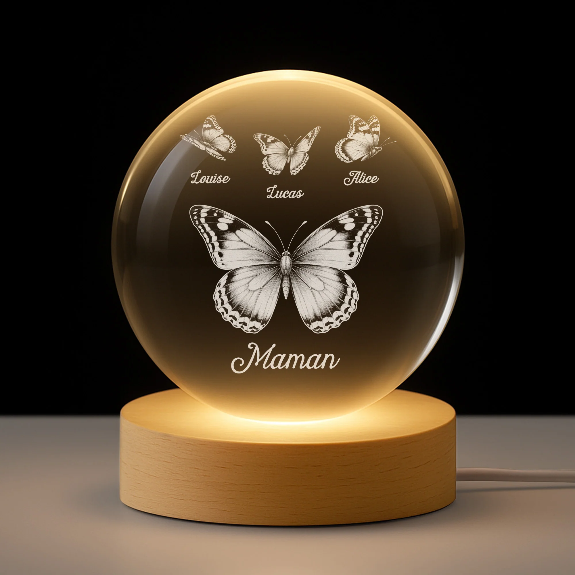Veilleuse Boule De Cristal Personnalisée - Maman Mamie Papillon