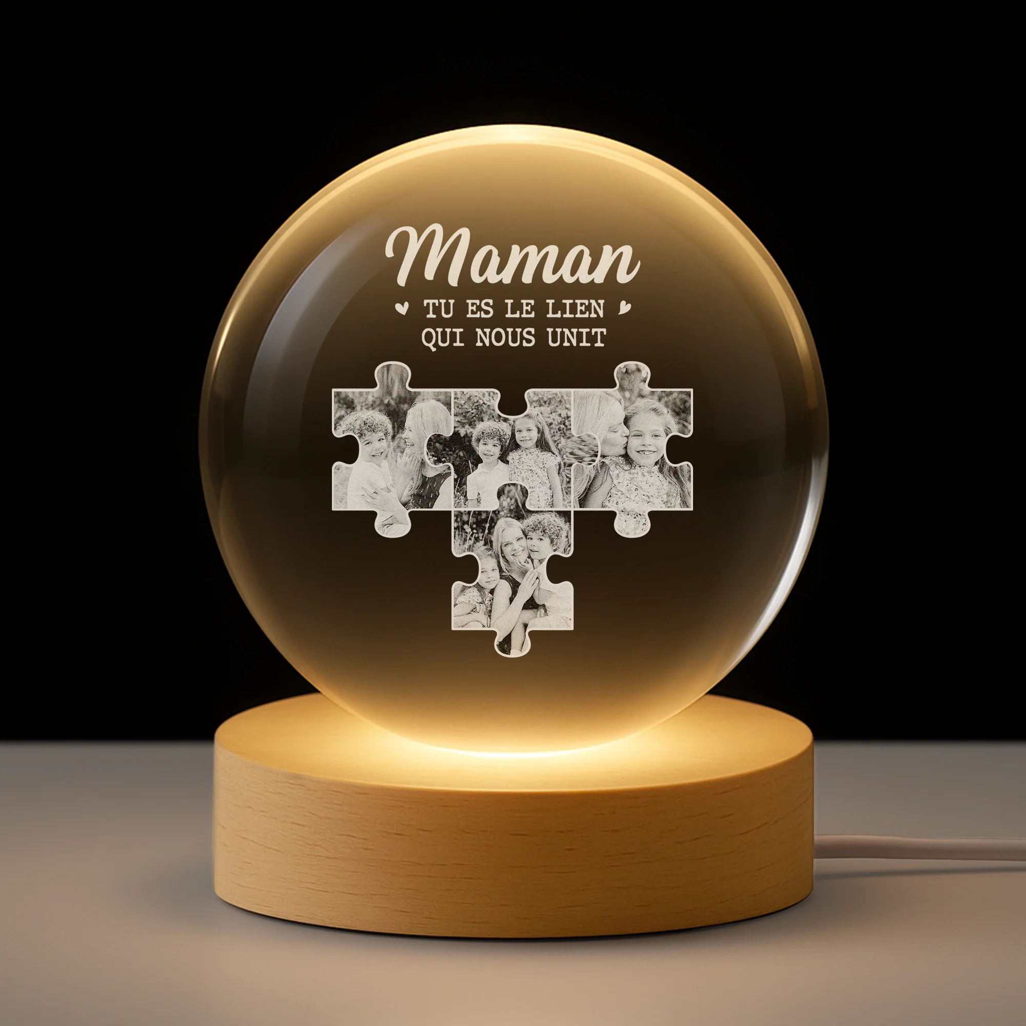 Veilleuse Boule De Cristal Personnalisée Avec Photo - Mamie/Maman Nous Unit Tous