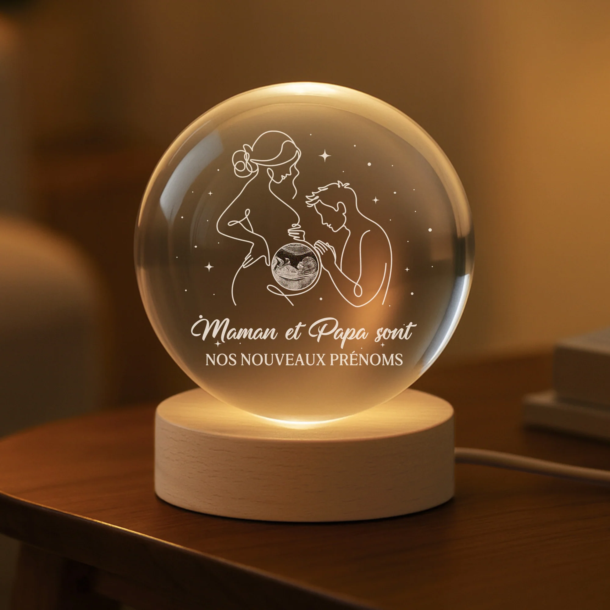 Veilleuse Boule De Cristal Personnalisée - Mon Nouveau Prénom | Cadeau Pour Futur Maman/Papa - Image 2