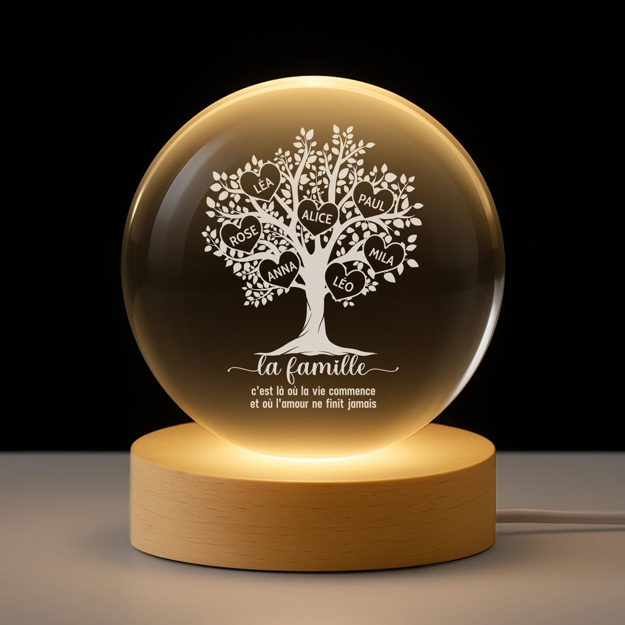 Veilleuse Boule De Cristal Personnalisée Prénom - Arbre De Famille Avec Amour