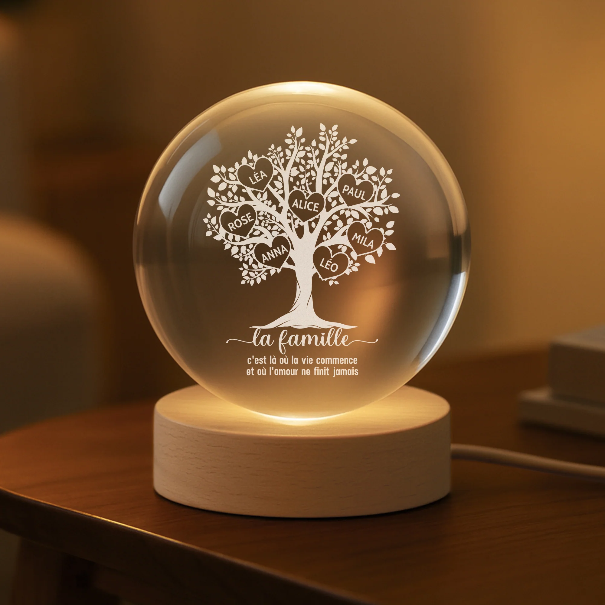 Veilleuse Boule De Cristal Personnalisée Prénom - Arbre De Famille Avec Amour - Image 2