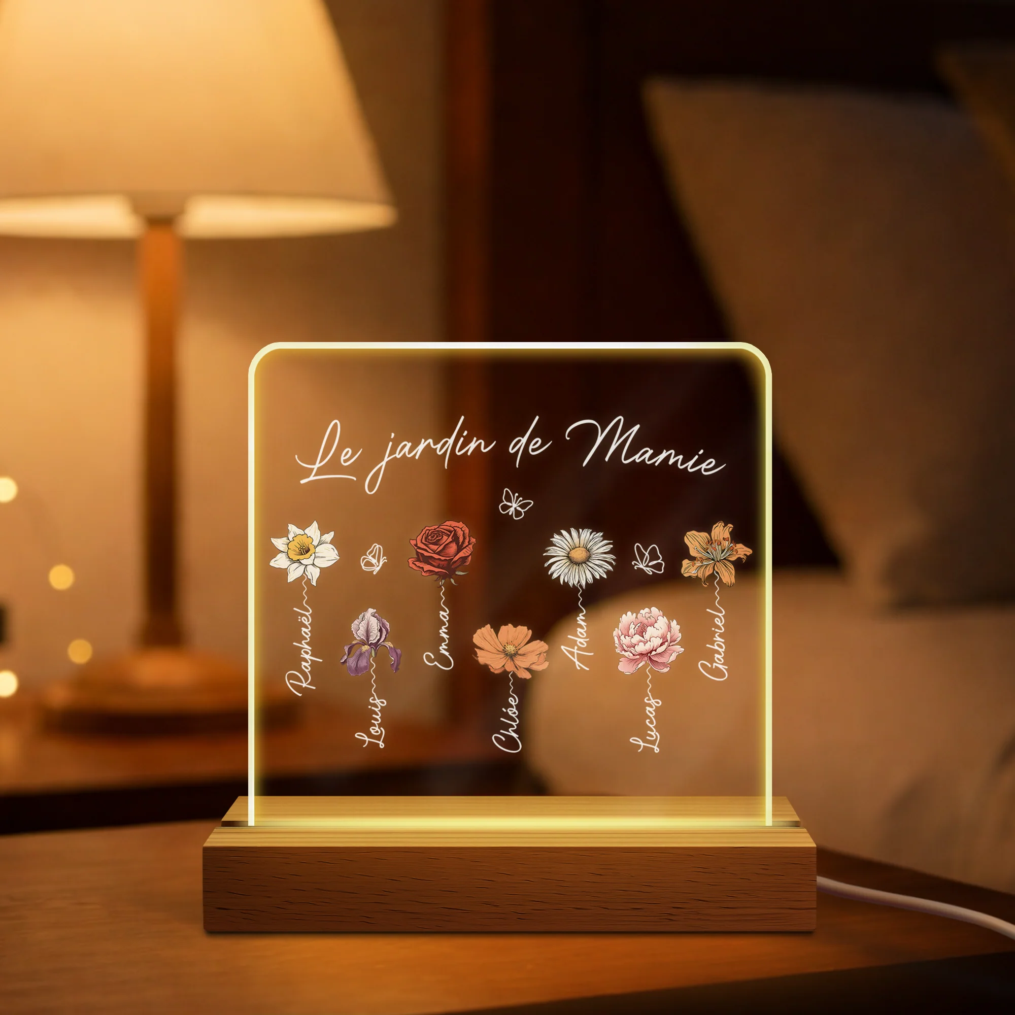 Veilleuse Personnalisée Prénom Et Fleur - Le Jardin De Mamie Maman