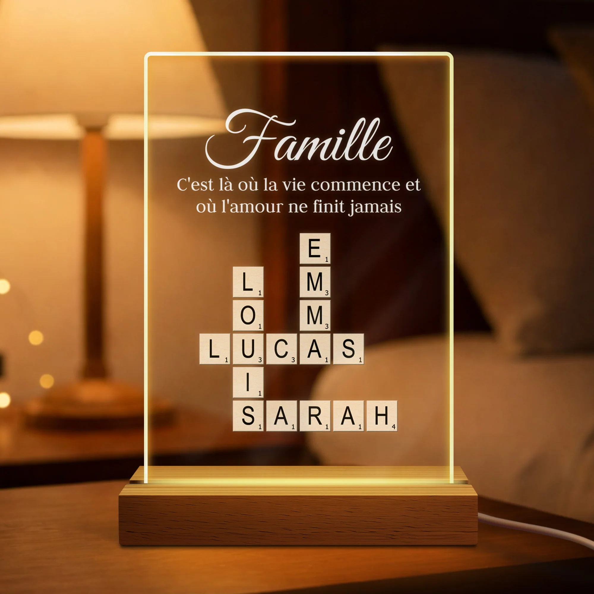 Veilleuse Personnalisée - Mot Croisé Famille - Où Amour Ne Finit Jamais