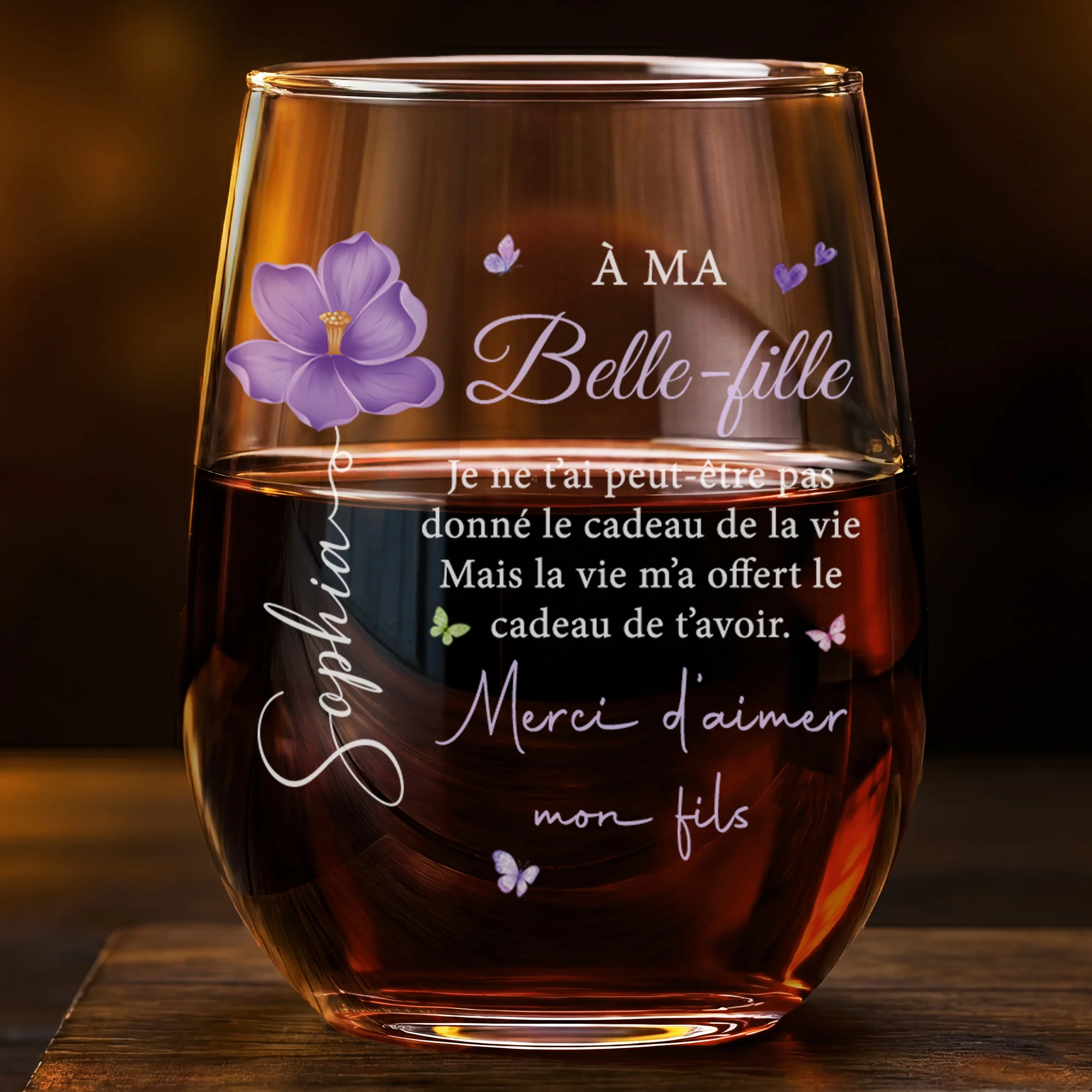 Verre À Vin Personnalisé Sans Pied Avec Fleur - Cadeau Pour Belle-fille Merci D'aimer Mon Fils