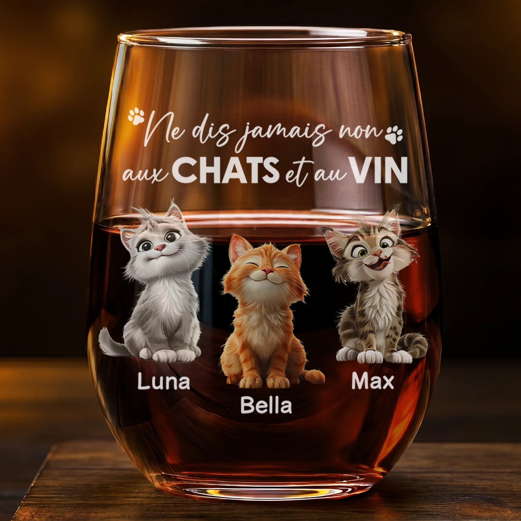 Verre À Vin Sans Pied Personnalisé - Cadeau Amoureux Du Vin Et Des Chats